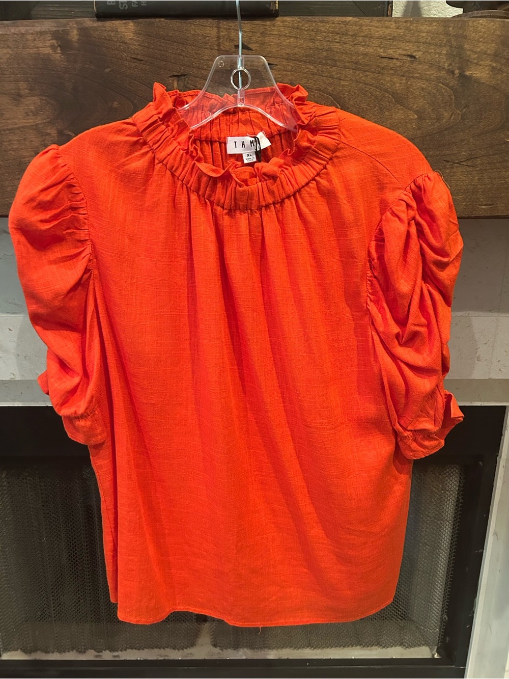 NWT THML Bright Orange Ruched Puff-Sleeve Blouse